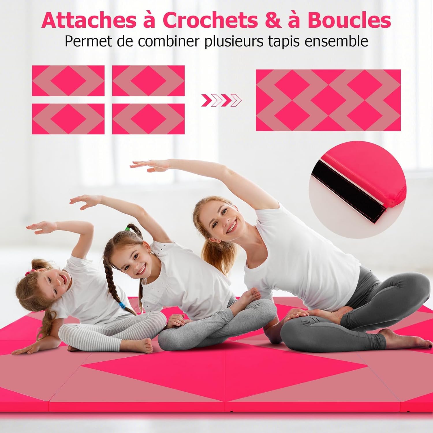 GOPLUS Colchoneta de Gimnasia Plegable, 240x117x5cm, Esterilla de Entrenamiento de Cuero Artificial con Asas de Transporte, Alfombra de Suelo para Fitness Yoga (Rosa + Melocotón)