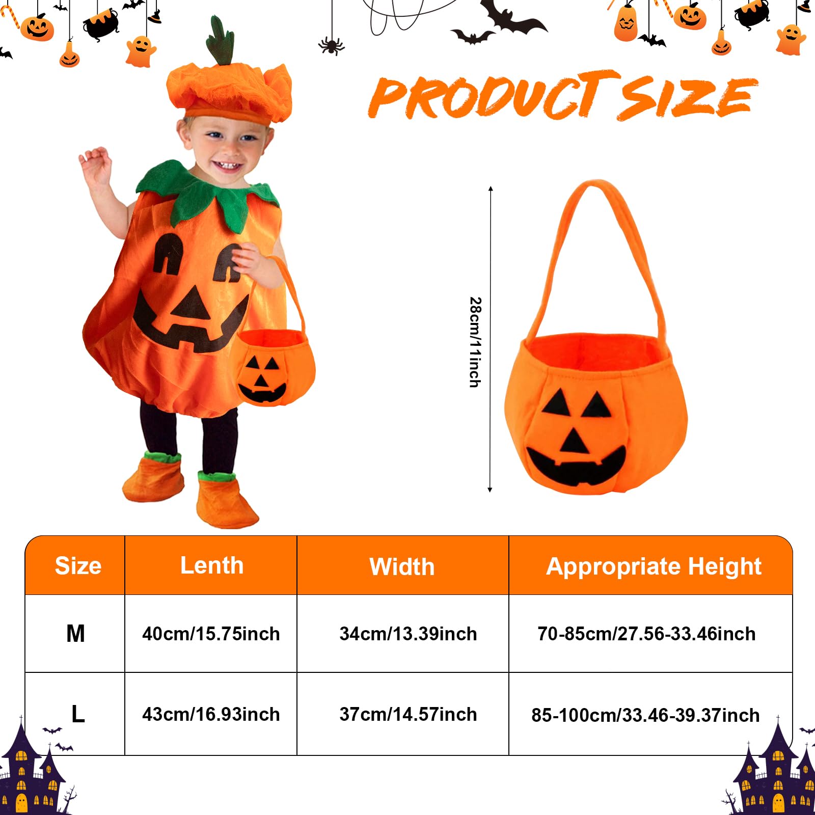 Satar Refes Halloween Pumpkin Costume for Kids Toddler Pumpkin Costume with Pumpkins Hat Candy Bag Shoes Party Fancy Dress Clothes Outfits for Baby Boys Girls Halloween Cosplay - Image 2