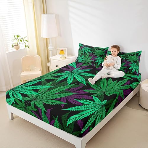 Miniatura 3 de Sábana bajera ajustable para niños con hojas de cannabis, tamaño matrimonial, juego de ropa de cama de hojas de marihuana, decoración de habitación