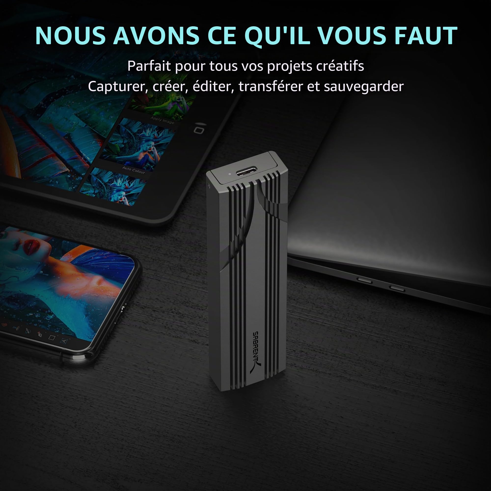 SABRENT Boîtier NVMe USB C, boîtier SSD M.2 sans Outils pour 2230-2280, Adaptateur USB 3.2 Gen 2 10 Gbit/s, Refroidissement en Aluminium, boîtier de Disque Dur Externe M.2 pour SSD NVMe (EC-PNVO)