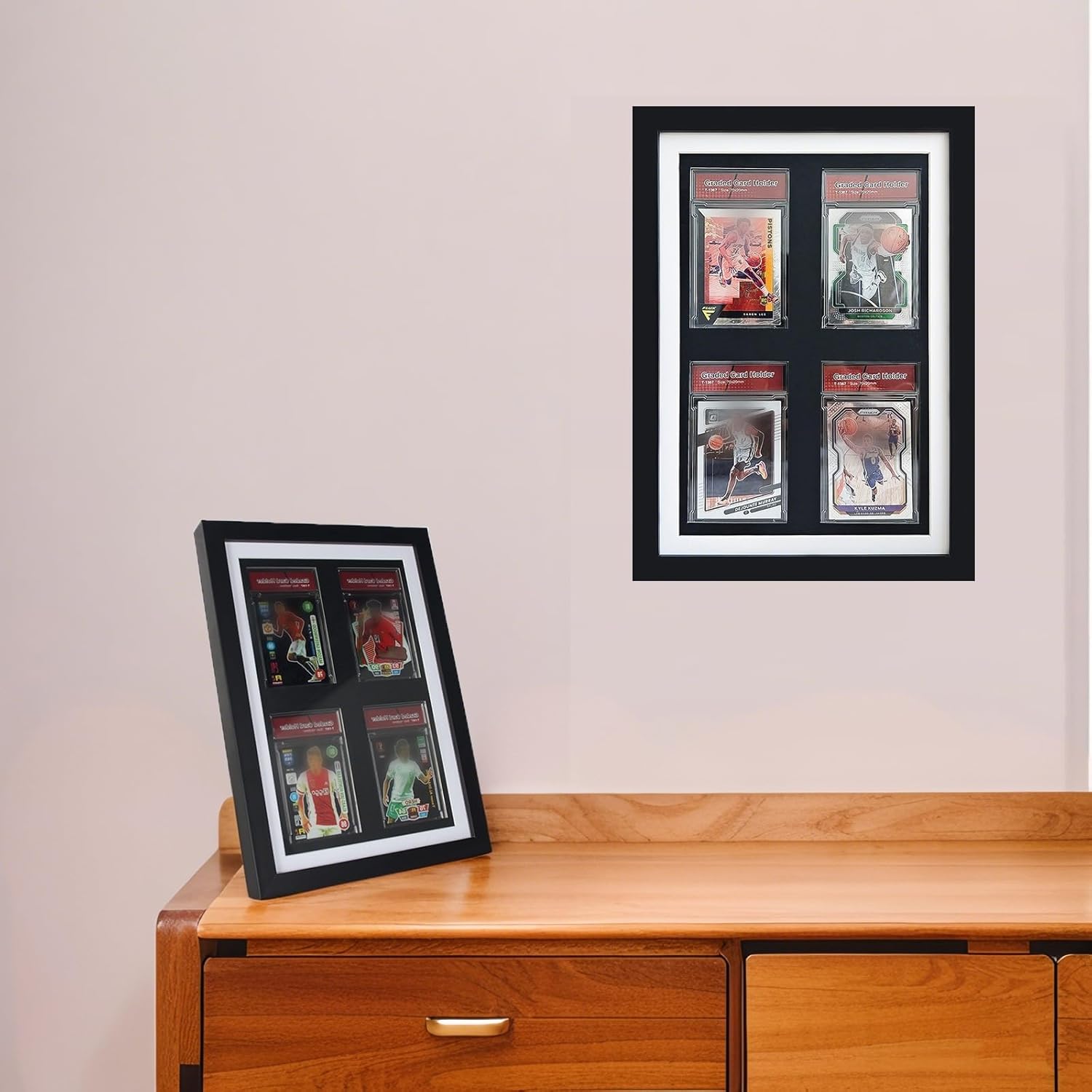 Trading Card Display Frame, PSA Graded Card Display Frame, 4 Grids Baseball Card Frame - Desktop/Wall-Mountable for Basketball Football Baseball Hockey Pokemon PSA Cards (Black)