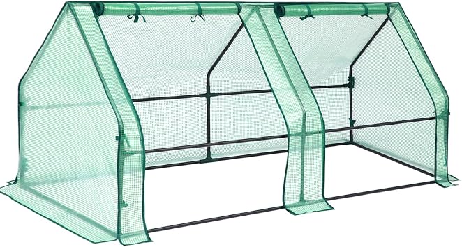 بيت أخضر صغير على شكل منزل من طراز Ohuhu ، 71 "عرض &times; 36" D &times; 36 "ارتفاع معزز مع أبواب سحاب كبيرة مزدوجة وإسطبلات أرضية ، منزل أخضر محمي ضد الماء والأشعة فوق البنفسجية للحديقة/فناء / فناء خلفي