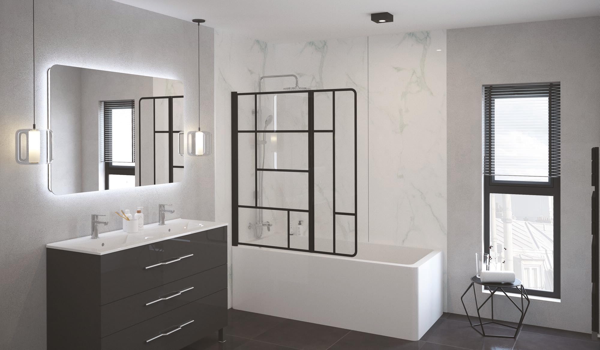 Mampara de baño FABRILIA - Diseño industrial de cuadrícula irregular negro mate. 120x140cm - Grosor 5mm - Tratamiento antical - Perfil ajustable negro mate (-2cm) - Vidrio templado
