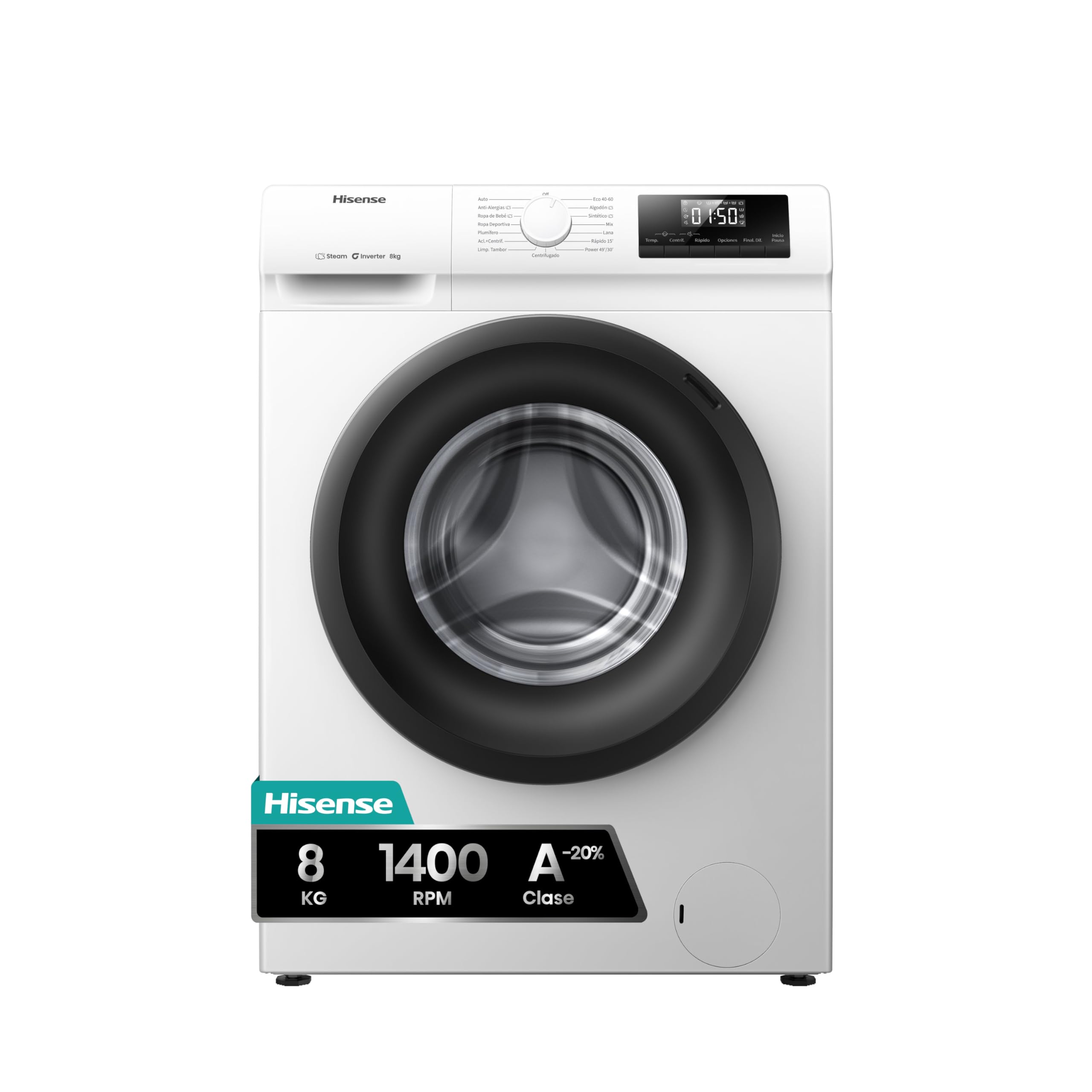 Hisense WF1Q8041BW2 – Washing Machine, Class A, 8 kg, 1400 rpm, Height 85 cm x Width 60 cm, White, Steam Function 99.9%, Fast Washing+, Automatic Wash, Deferred Finalization, Inverter Technology