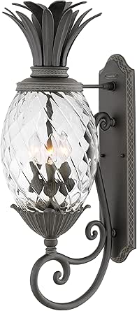 Hinkley Plantation Large Wall Mount Outdoor Lantern, Aluminum, Clear Optic Glass Shade, Pineapple Theme, Museum Black Finish