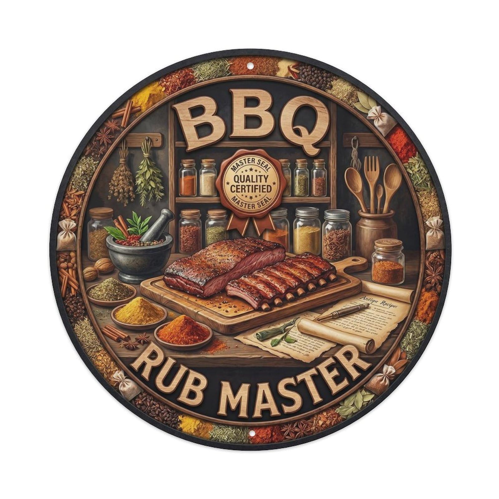 BBQ Barbecue Rub Master Vintage Metal Tin Sign Plaque Wall Decor for Cafe, Club, Garden Round Metal Poster 8x8Inch
