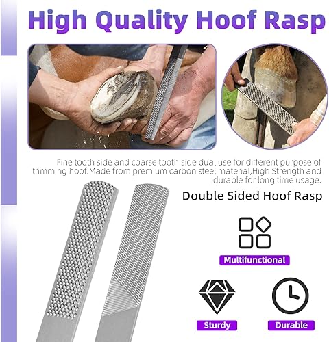 Miniatura 4 de Swpeet 12 herramientas profesionales de herrador con paquete de rollo, tijeras de recortadora de pezuñas de caballos, lima de escobilla de herrador,