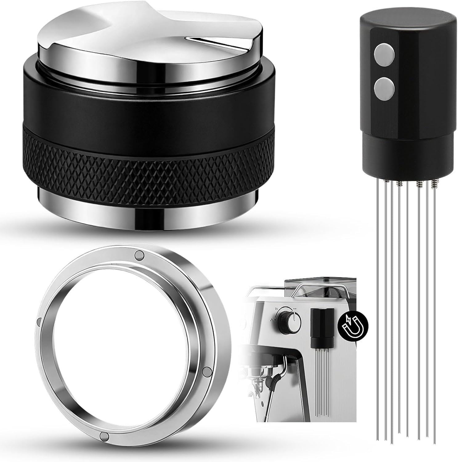 Zhehao 3 Pcs 51mm Espresso Accessories Kit 2 in 1 Espresso Tamper and Distributor Leveler, Magnetic WDT Tool, Dosing Funnel Accessories Set Compatible With Delonghi 51mm Coffee Machine and Portafilter