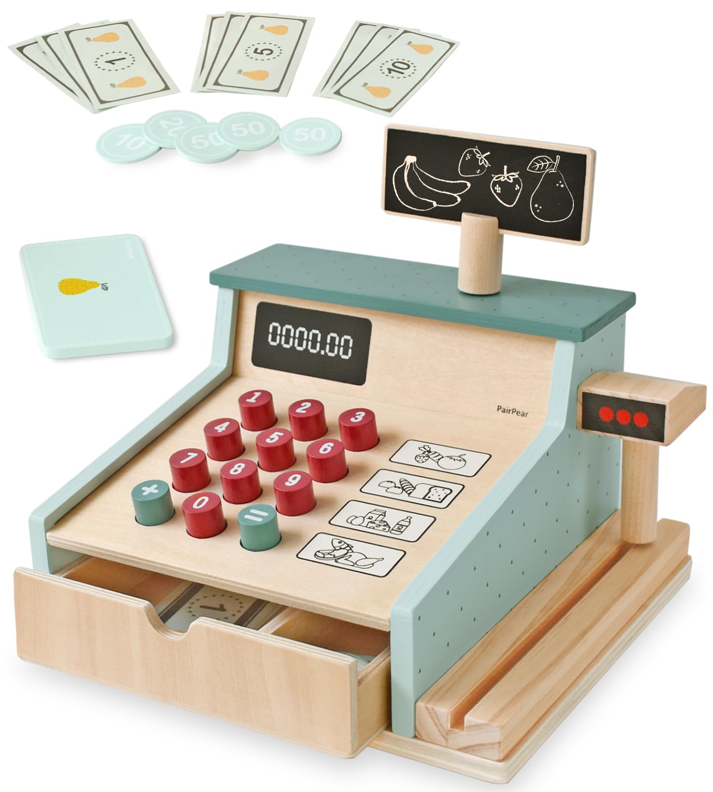 PairPear Wooden Cash Register for Kids Pretend Play Shop Toys Wooden Till Toys with Scanner Calculator and Credit Card