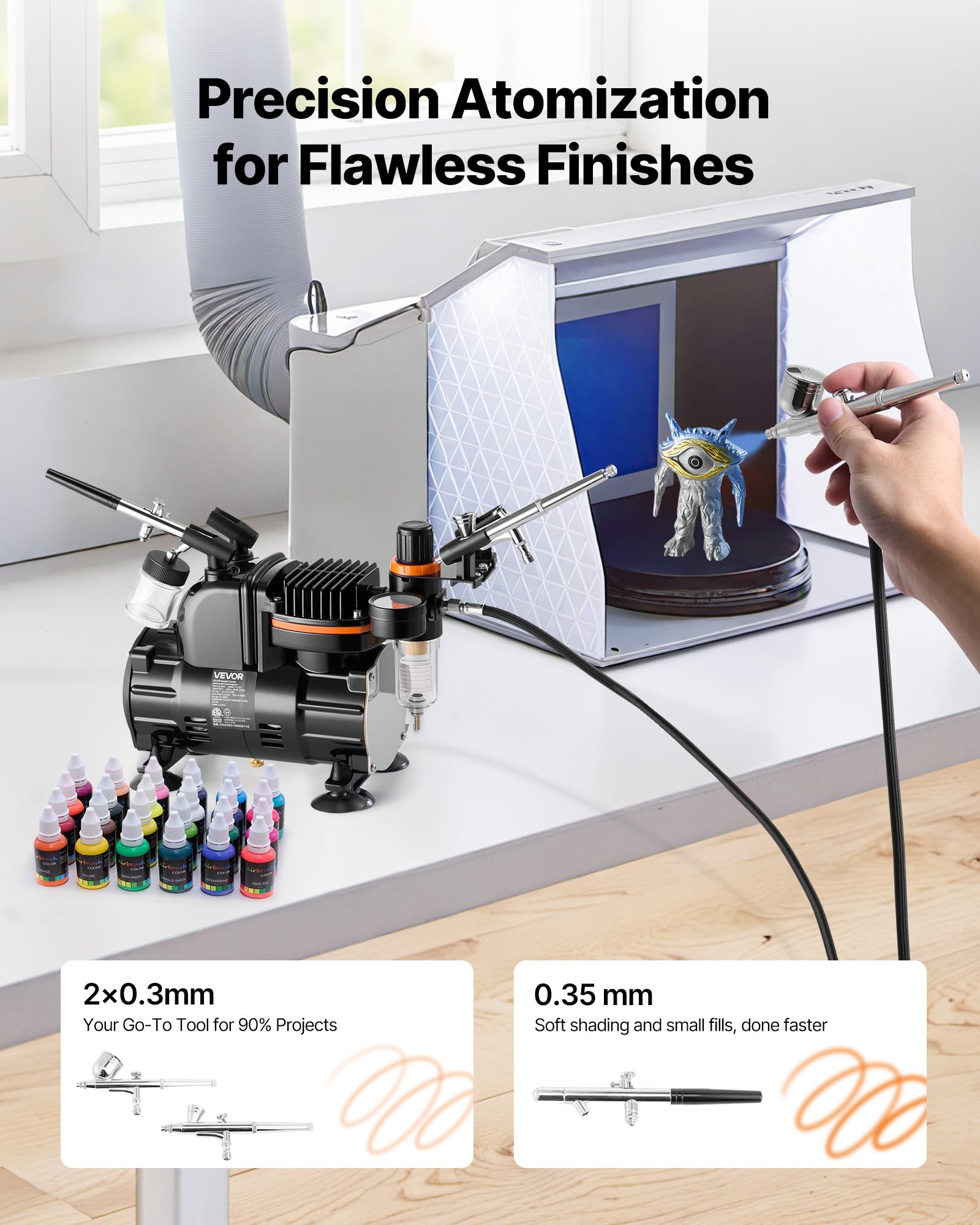 VEVOR Kit de Aerógrafo con Compresor de Aire 1/6 HP, 3 Aerógrafos de Doble Acción con 3 Boquillas, Manguera, Pinturas Acrílicas, Pincel, Kit de Pintura para Decoración de Tartas, Maquetas, Uñas