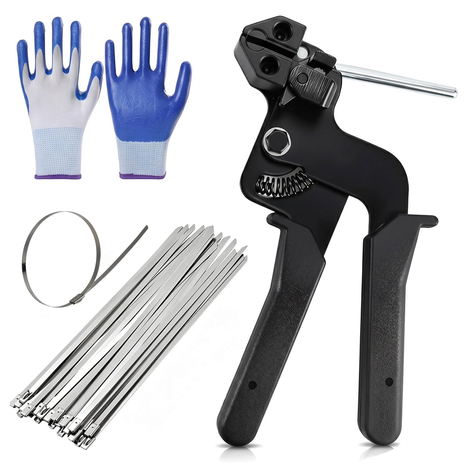 Metal Zip Tie Gun with 150 PCS Stainless Steel Cable Ties, Heavy Duty Cable Tie Tool Set and Steel Zip Tie Tool with Work Gloves and Storage Bag for Exhaust Heat Wrap, Fences & Pipes