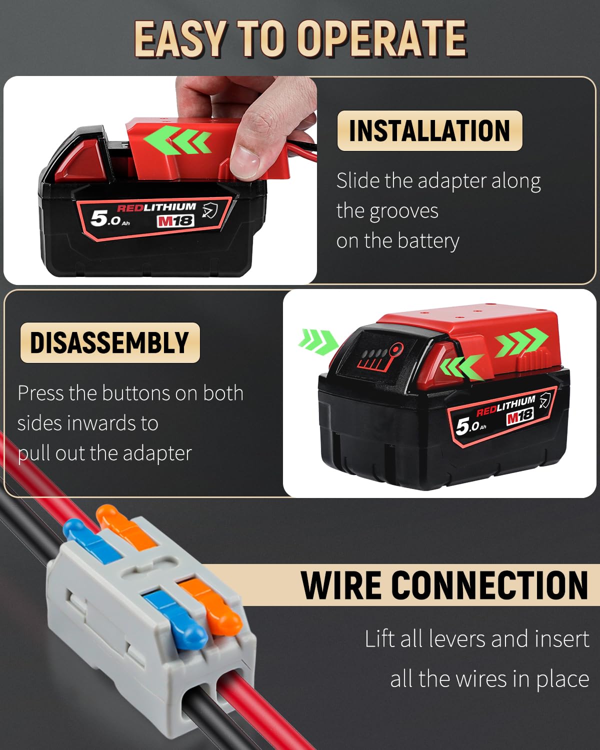 Vibit Peg-Perego Milwaukee Adattatore per batteria Milwaukee M18, adattatore per batteria con connettore originale per cablaggio, adattatore di alimentazione CC per giocattoli da equitazione per