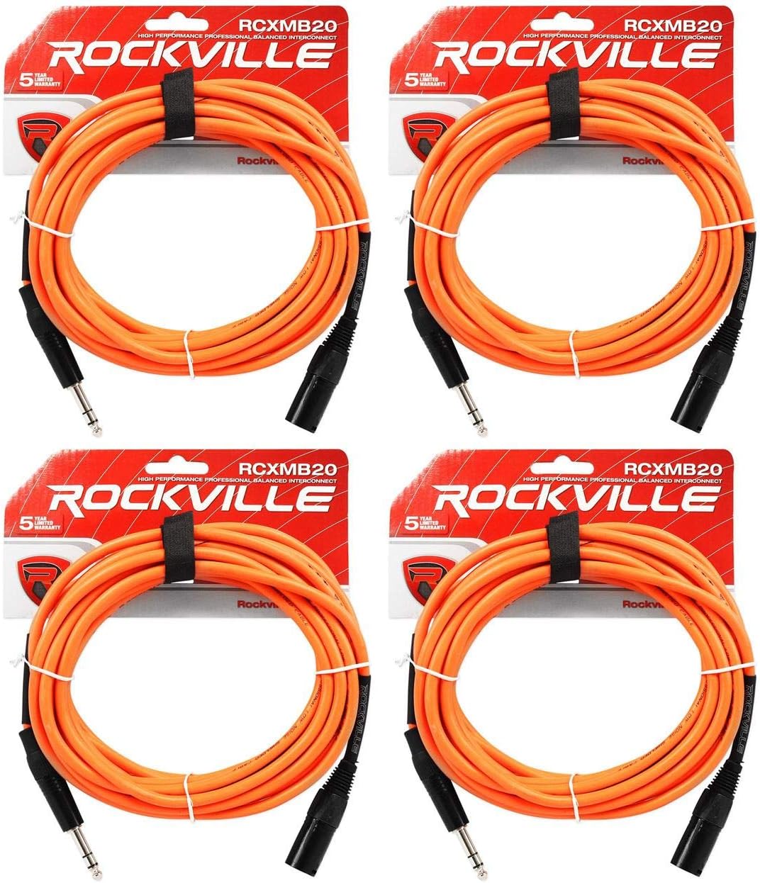 Rockville (4 RCXMB20O 20フィート オス REAN XLR to 1/4インチ TRS ケーブル オレンジ 1