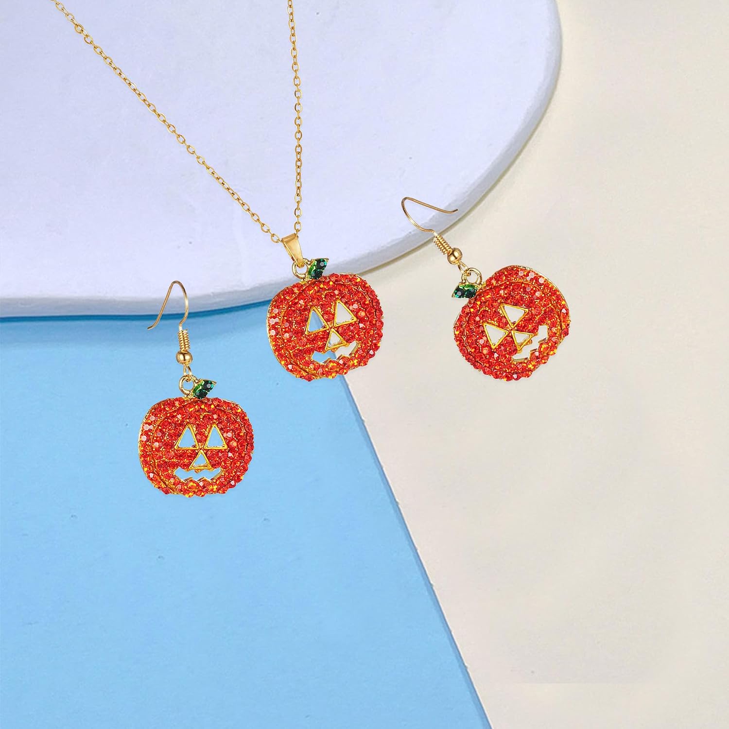 Sparkling Pumpkin Shaped Earrings Necklace Set Cubic Zirconia Halloween Jewelry Gold Plated Costume Accessories for Party Thanksgiving Christmas image 5