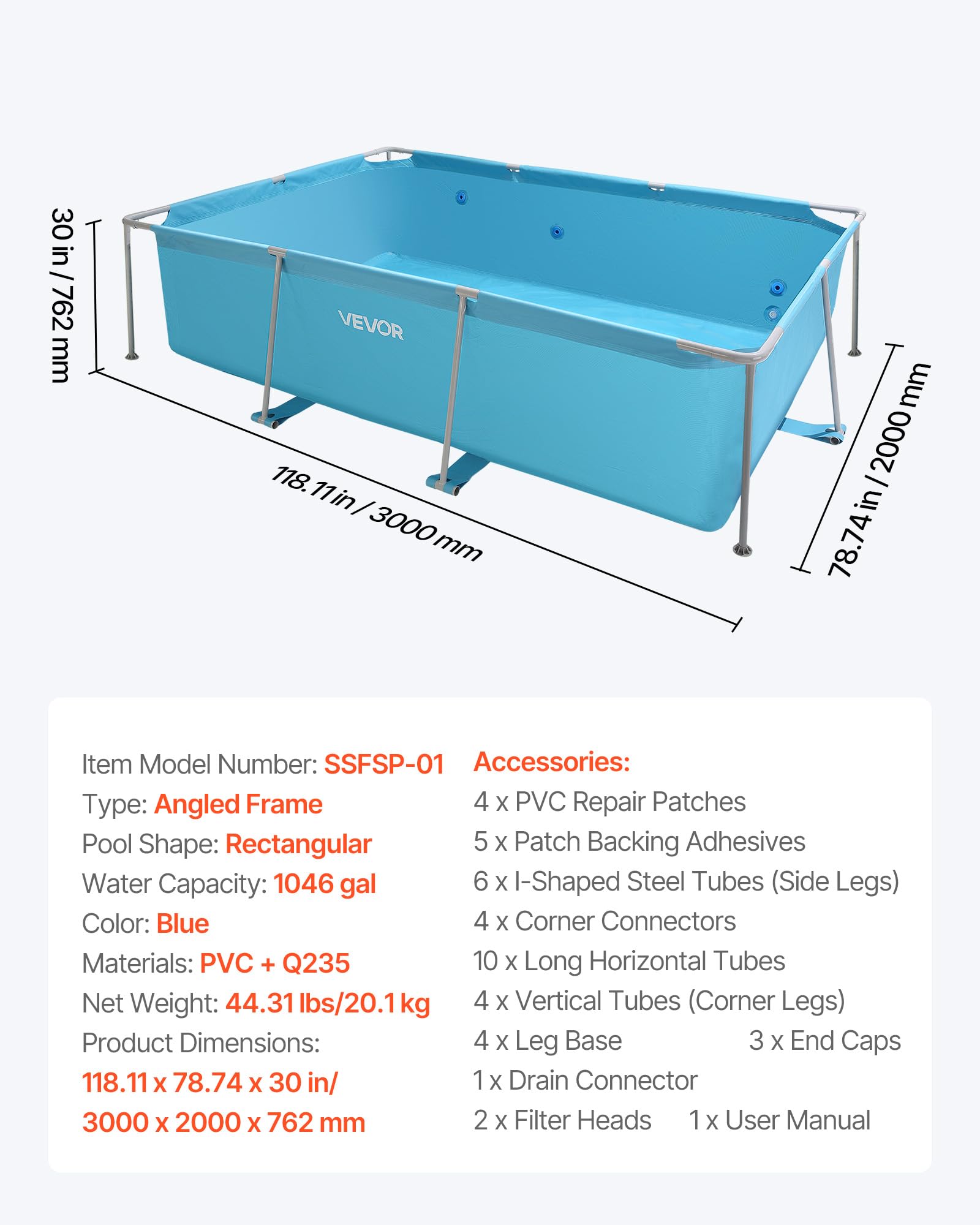 VEVOR Piscine Hors Sol à Cadre Métallique, 3 x 2 x 0,76 m, Grande Piscine Familiale Rectangulaire PVC, Structure Acier, Capacité Eau 3959 L, avec Système Drainage Débit Contrôlé, pour Extérieur, Bleu