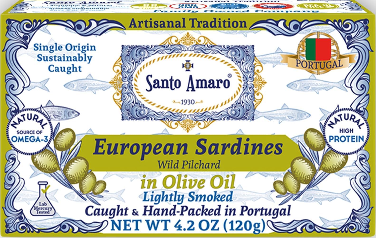 Santo Amaro - Authentic European Sardines in Olive Oil, Wild Caught and Hand-Packed in Portugal, Lightly Smoked Canned Sardines with 21g Protein, Keto, Paleo, Low Mercury, Pack of 12