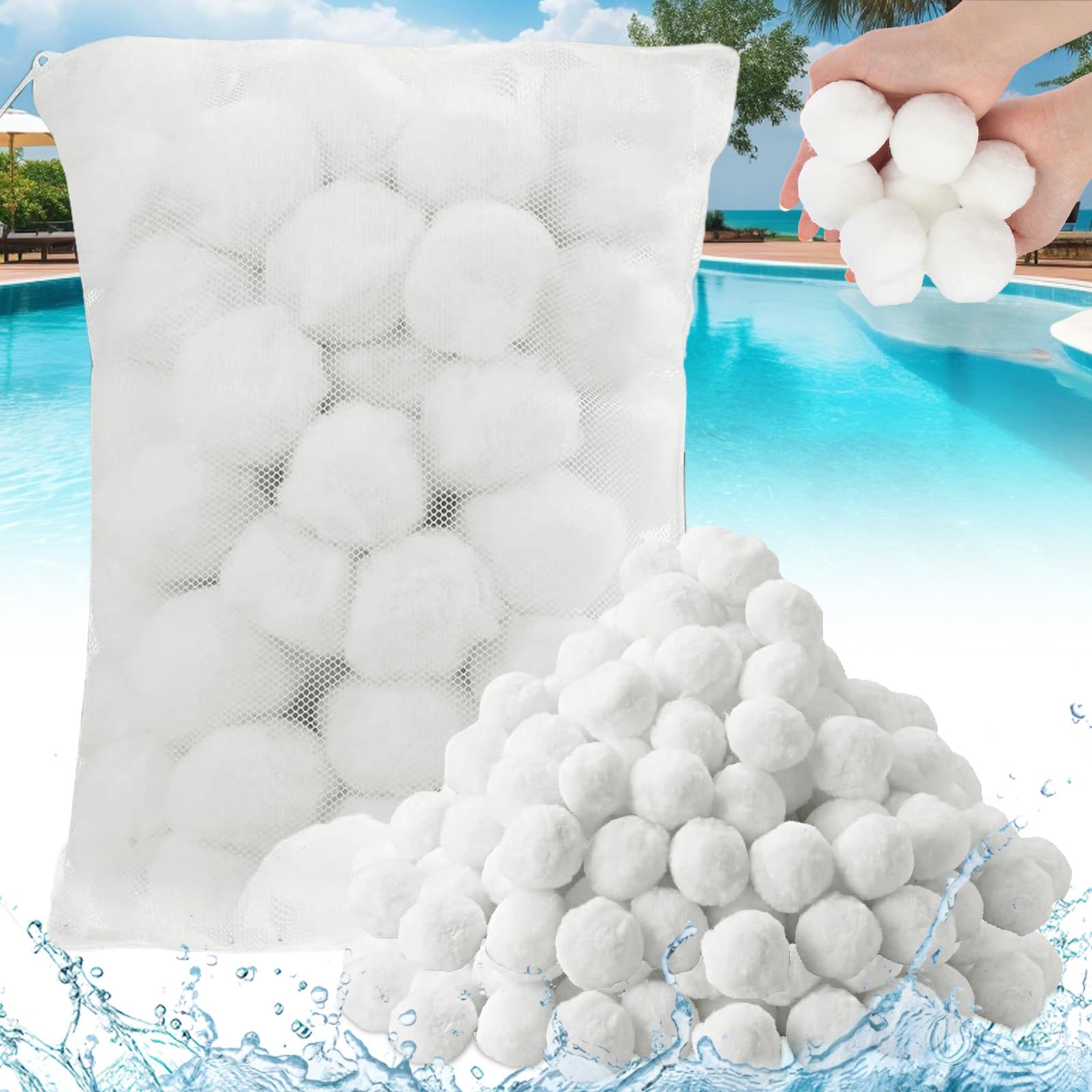 1300g Bolas Filtros Piscina con Red Lavandería, Bola Depuradora Reutilizables para Sistemas Filtración Arena, Bolas Filtrantes Puede Reemplazar Filtro Arena 45 kg para Acuarios (Blanco)