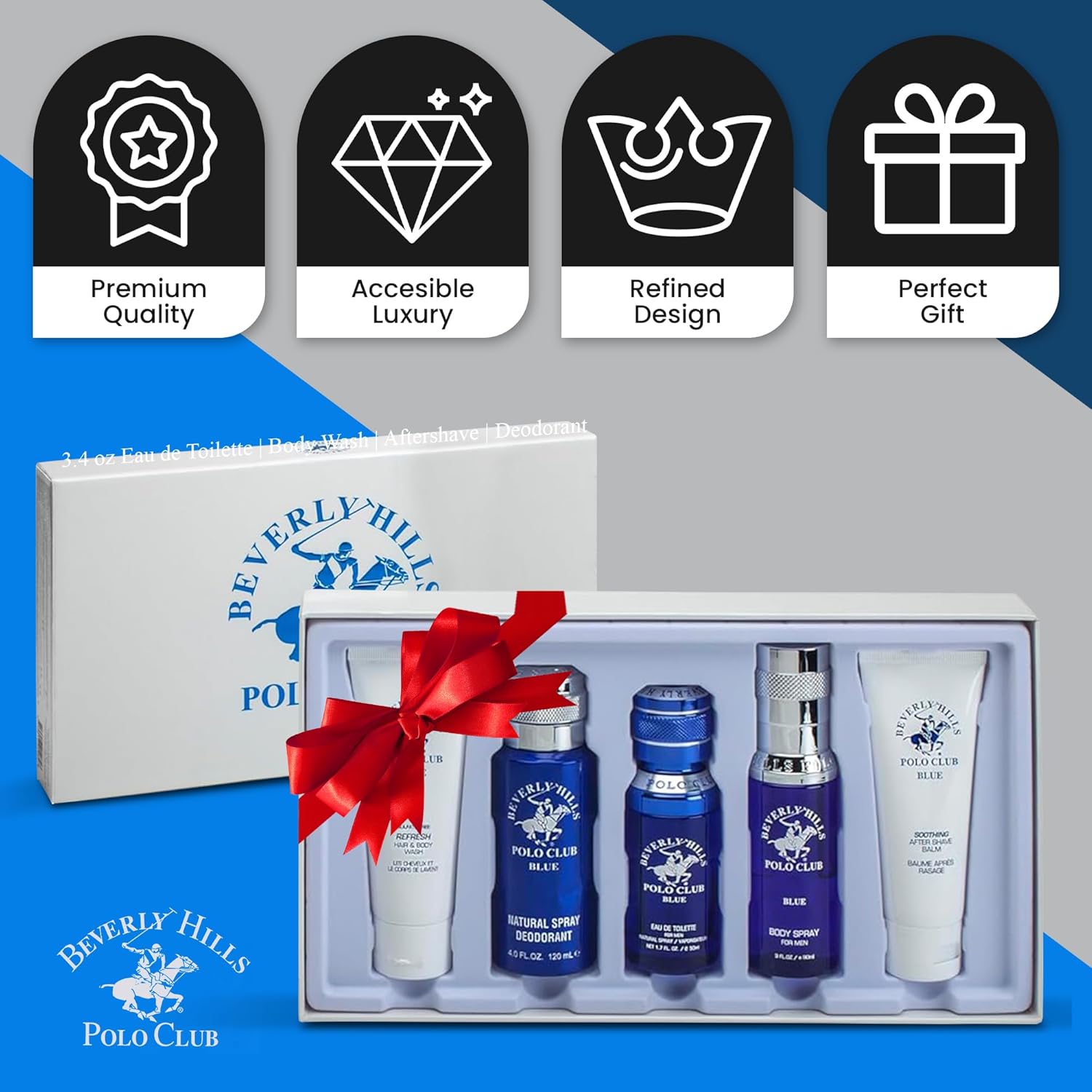 Beverly Hills Polo Club BHPC Blue Men's 5-Piece Grooming Gift Set - Fresh Scent Collection for Him - Image 5