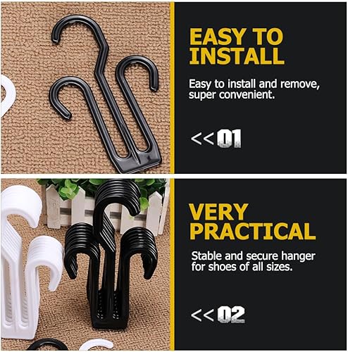 Miniatura 5 de Paquete de 24 perchas de plástico negro para secado de zapatos, gancho de exhibición de zapatos, zapatero multifuncional con doble gancho, colgador