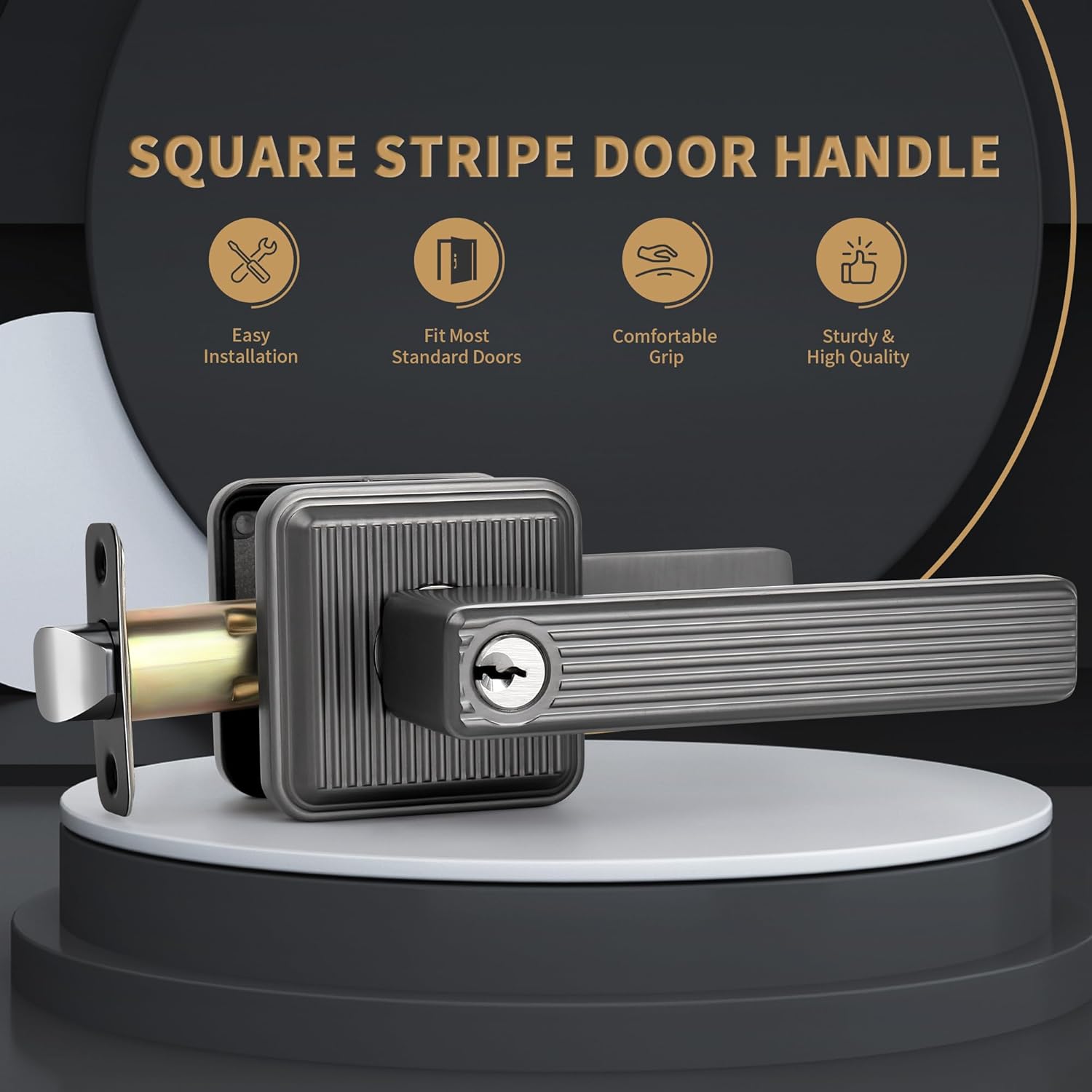 Square Heavy Duty Door Handle with Keys, Stripe Style Keyed Entry Door Lever with Lock, Reversible Door Handle for Front & Entrance Door, Antique Nickel Finish