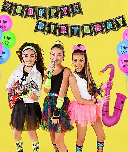 Miniatura 4 de Decoraciones de fiesta de los años 80 incluye pancarta de feliz cumpleaños, caja de pluma inflable, guitarra, micrófono, saxofón, banderines de