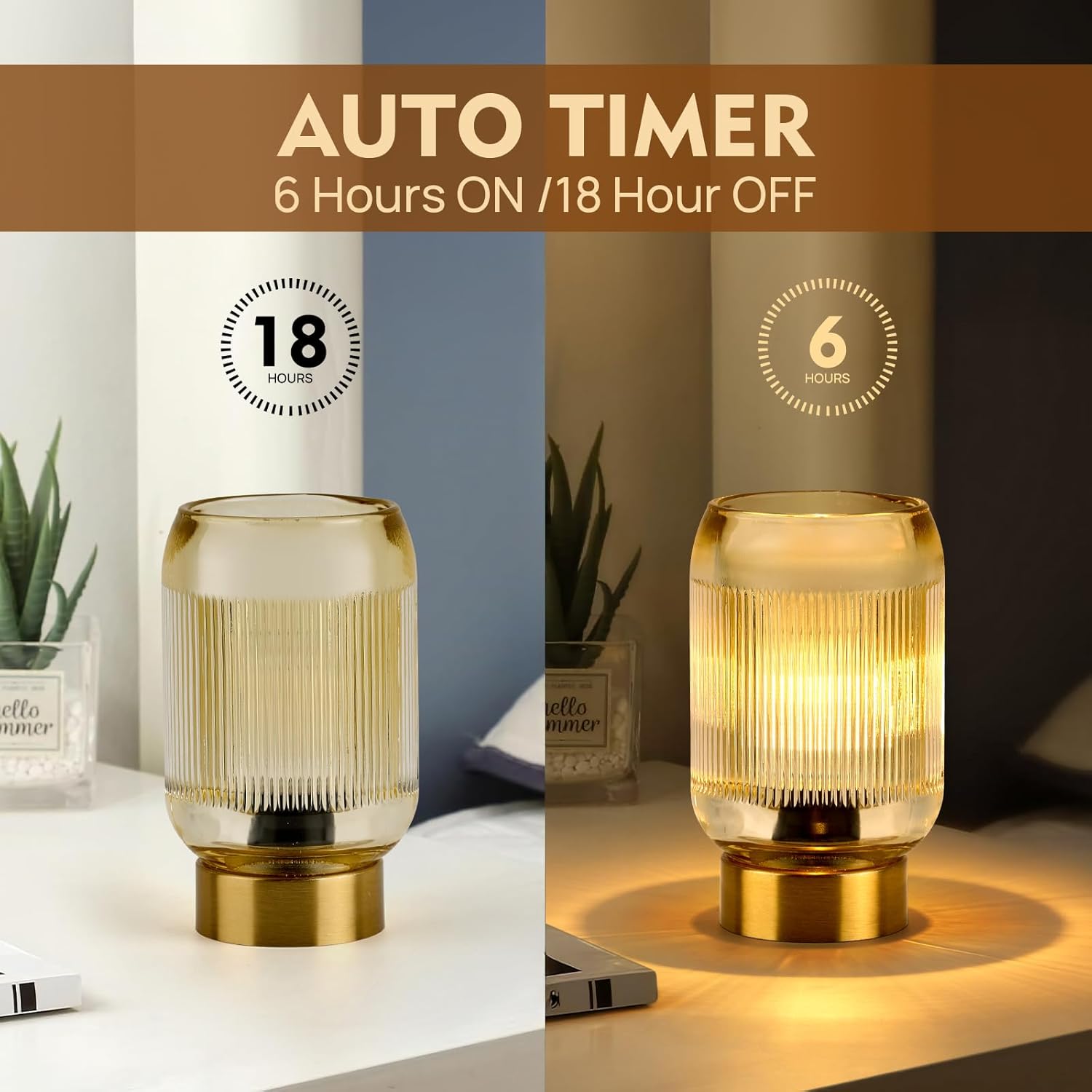 Small Battery Operated Lamp with Timer, Tiny Cordless Glass Table Lamp for Home Decor, Kitchen, Bathroom, Birthday Gift for Women, Ribbed Amber