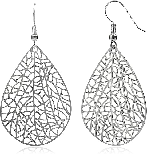 Vista 7 de 14K Gold Plated Silver Rose Gold Teardrop Filigree Dangle Earrings Lightweight Leaf Drop Earrings for Christmas Gift