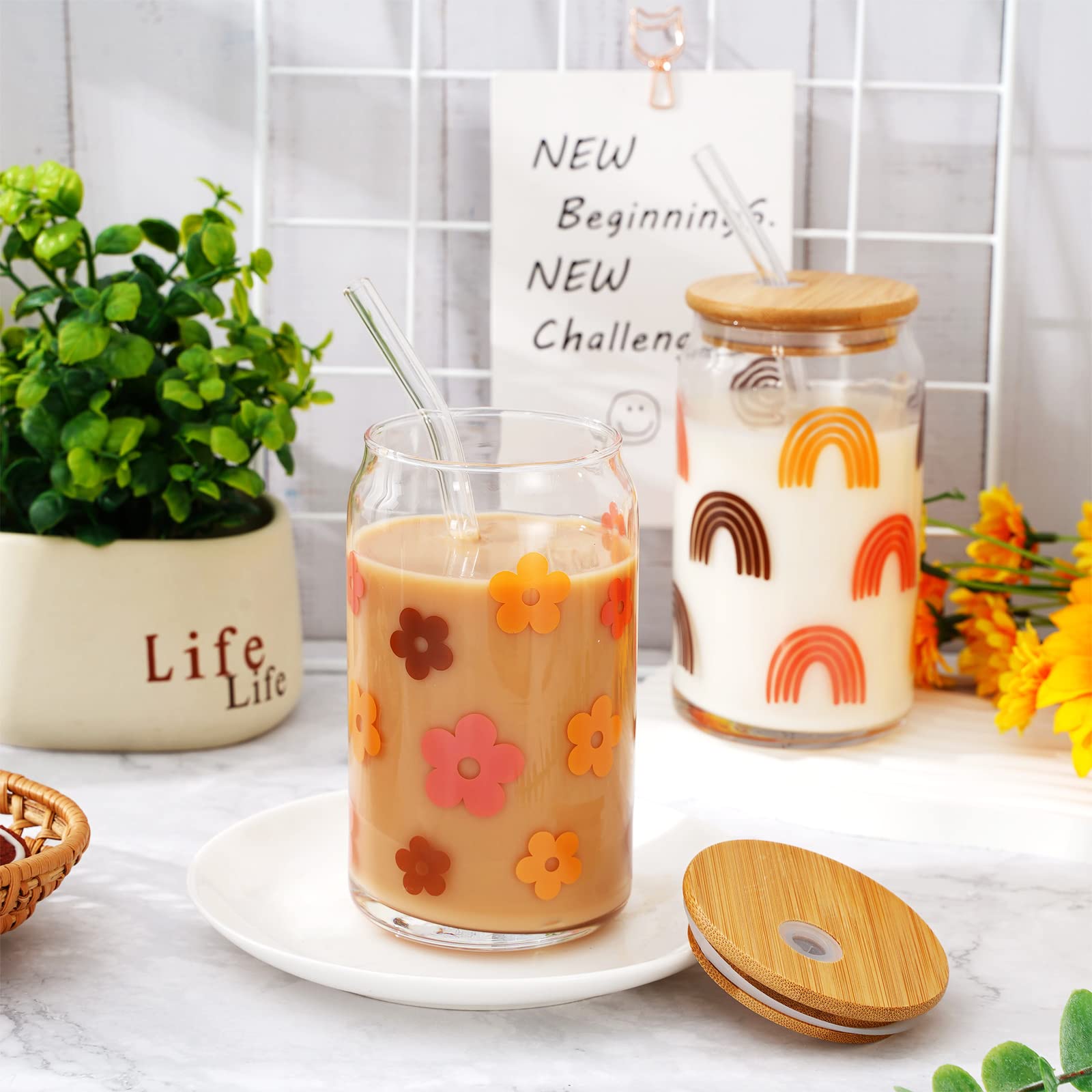 Whaline 4 tazas de café helado bohemias con tapas de bambú y popotes, vasos retro de 16 onzas, vasos de beber con forma de lata de cerveza con cara de arco iris, taza de vidrio con forma de lata de