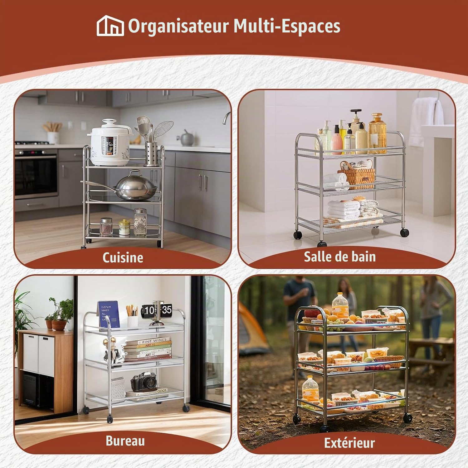 Chariot Industriel INOX - 3 Niveaux avec Roues Freinées | Étagère Métallique pour Cuisine Professionnelle