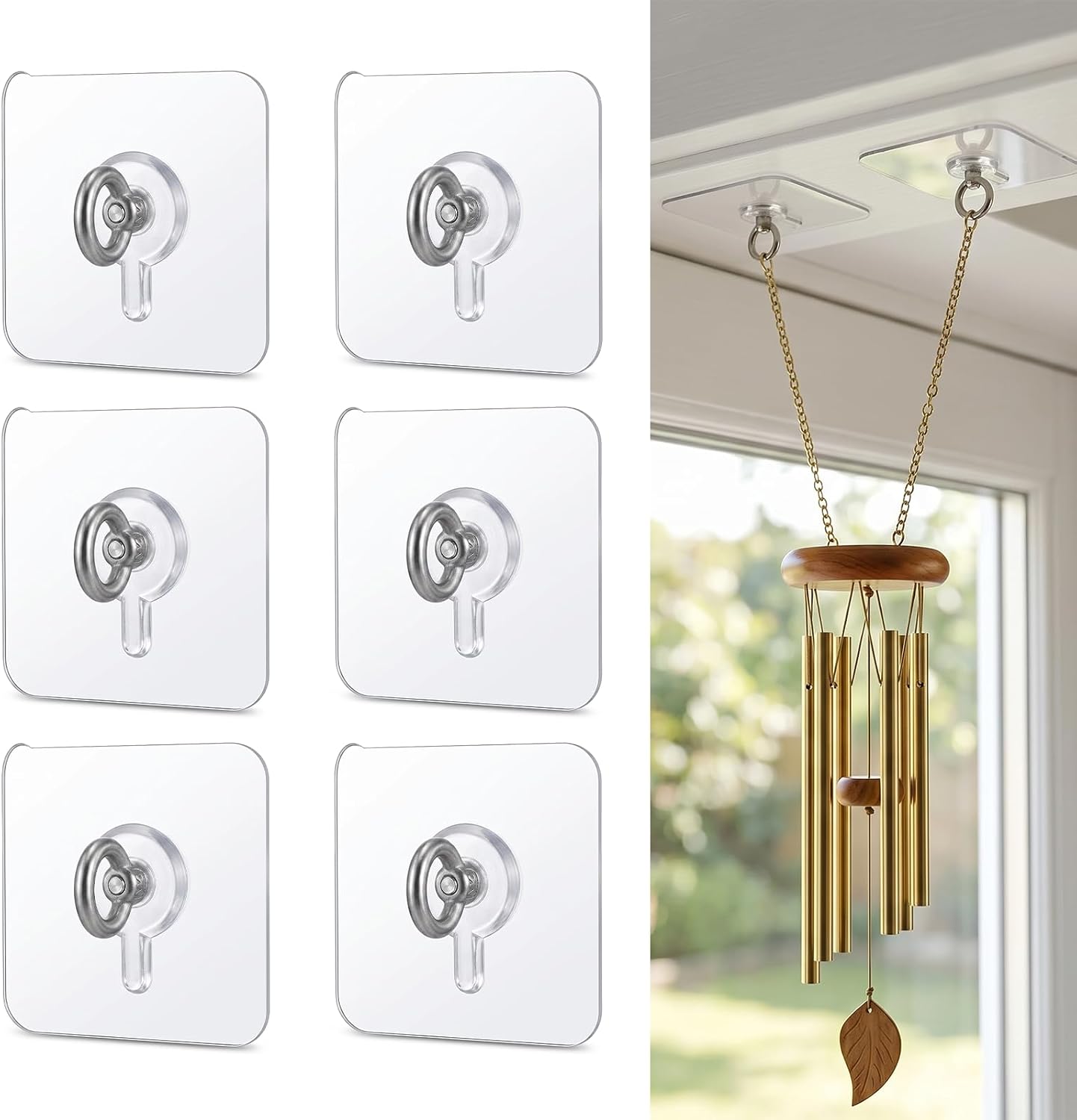 6 PCS Adhesive Ceiling Hooks Adhesive Nails for Hanging Wind Chime Hanger Nail Free-Adhesive for Wall Stainless Steel Waterproof Outdoor Adhesive-Hooks for Indoor Hanging Plant Hanger Decoration Hook