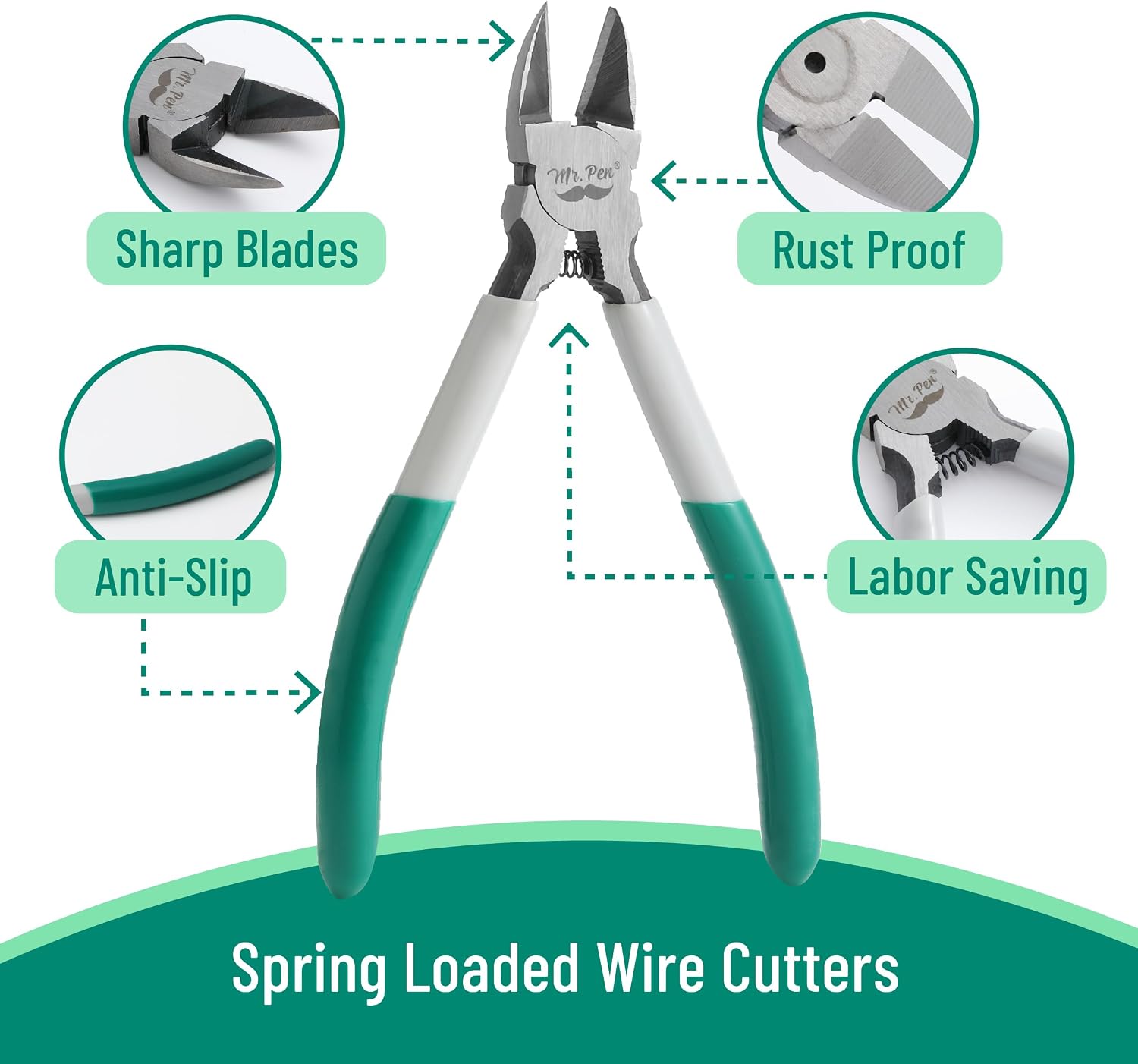 Mr. Pen- Wire Cutter, 6 Inch, 5 Pack, Green & Ivory Ergonomic Rubber Handle, Spring Loaded, Wire Cutters for Crafting, Snips, Flush Cut Pliers, Diagonal Cutting Pliers