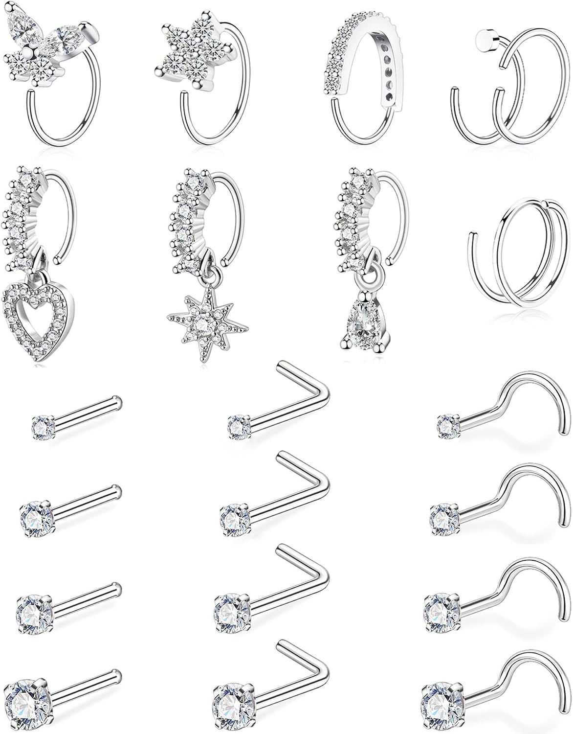 21 Pcs Nose Rings for Women 20G 14K Gold Plated Nose Piercings L Shaped Corkscrew Straight Nose Studs Butterfly Flower Dangle Heart Double Nose Rings Hoops Surgical Steel Nose Piercing Jewelry 1.5mm 2mm 2.5mm 3mm CZ