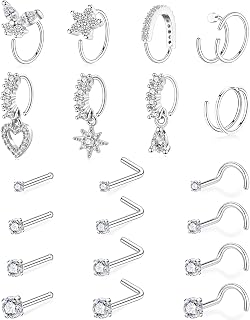 21 Pcs Nose Rings for Women 20G 14K Gold Plated Nose Piercings L Shaped Corkscrew Straight Nose Studs Butterfly Flower Dangle Heart Double Nose Rings Hoops Surgical Steel Nose Piercing Jewelry 1.5mm 2mm 2.5mm 3mm CZ