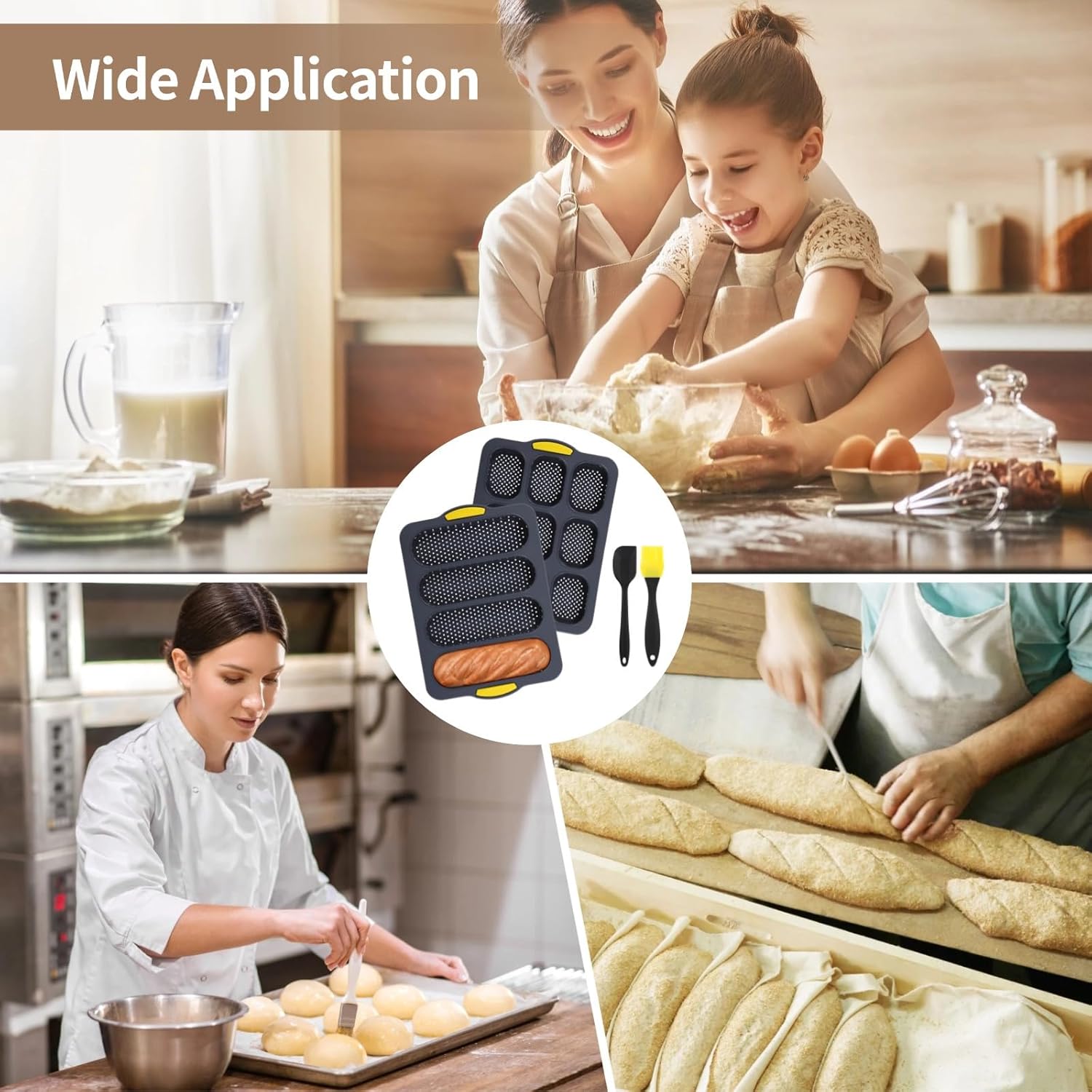 4 Pcs French Bread Molds, Non-Stick Silicone Pan with Spatula & Oil Brush, 9 and 4 Cavity Perforated Silicone Baking Sheet Set