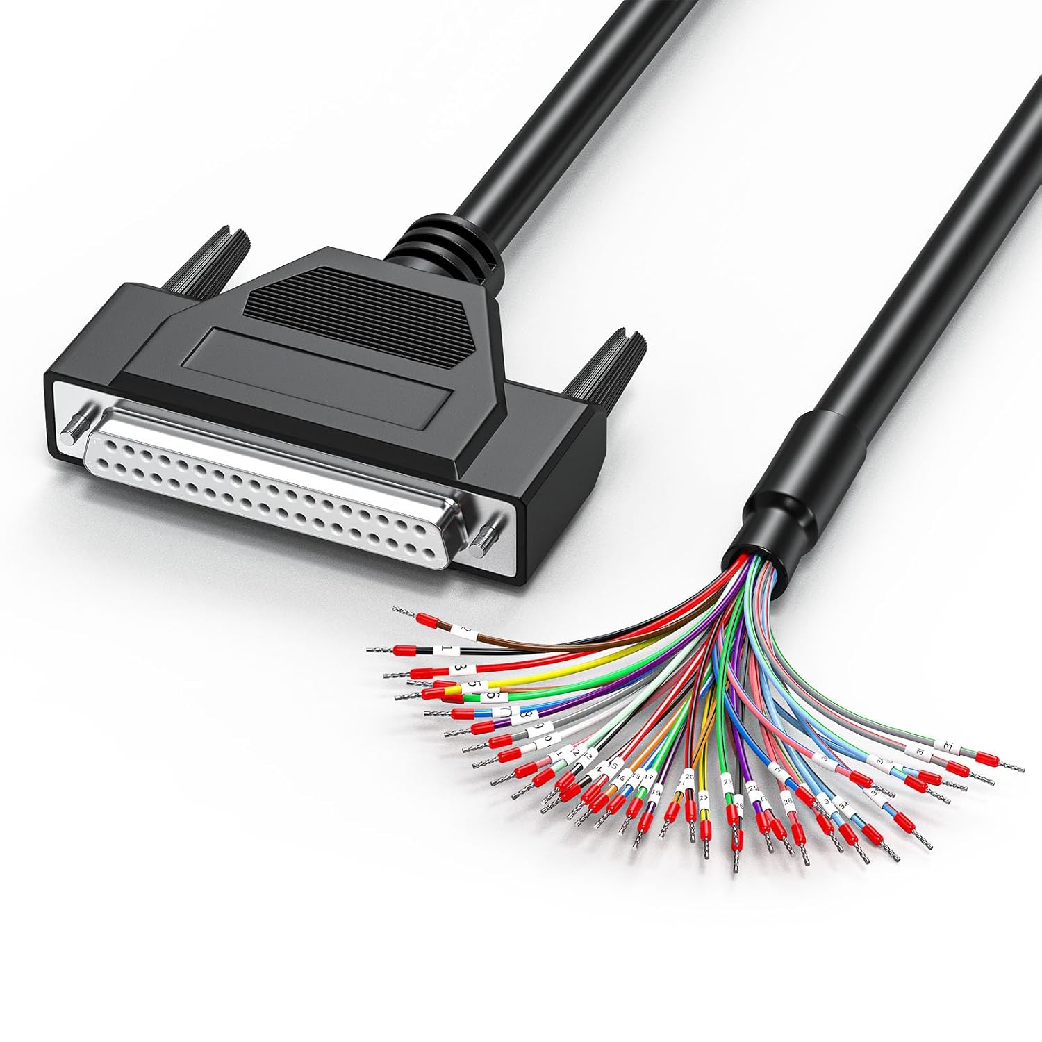 DB37 Female to Bare Wire with Cable Marker 6.6FT, D-SUB 37-Pin Connector to Single End Cable with Terminals, Multicore 37 Wire All Provided - Black