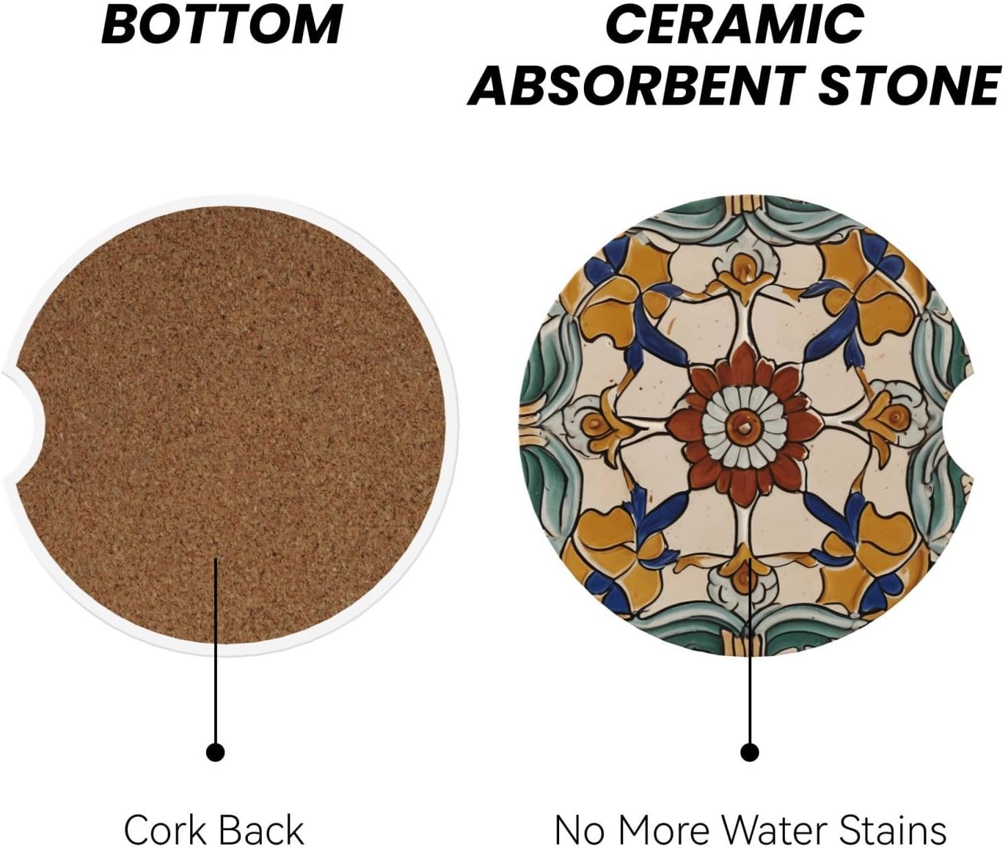 Barcelona Tiles Prints Ceramic Car Coasters 2 Pcs | Absorbent Cup Holder Mats | Car Accessories