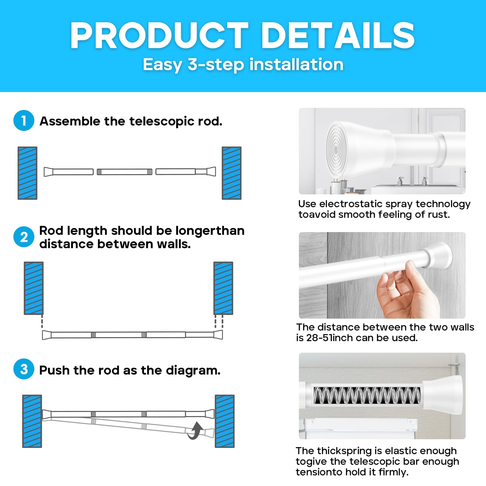 AIZESI Lot de 2 tringles à rideaux extensibles à ressort de 71 à 122 cm, tringle à rideaux réglable antidérapante, sans perçage pour fenêtre, salle de bain, porte - Blanc