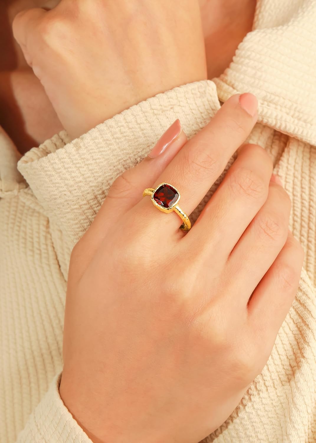 YoTreasure Solid 14K Gold Plated Over 925 Sterling Silver Garnet & Citrine Solitaire Ring for Women Hypoallergenic Genuine Gemstone Jewelry |Birthstone Wedding Promise Ring