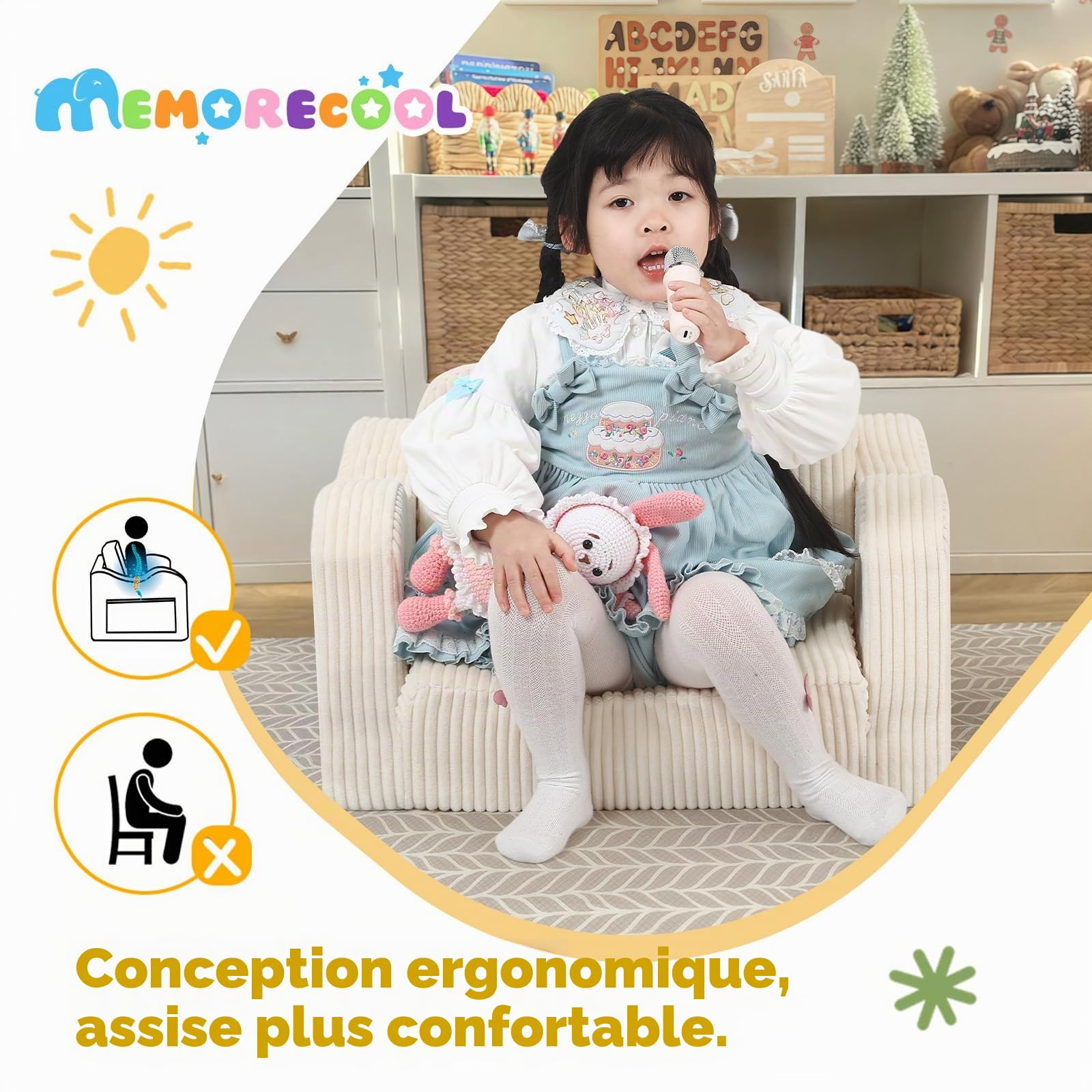 MeMoreCool Canapé enfant en velours côtelé, fauteuil pliant pour tout-petit, canapé-lit pliant pour enfant pour la salle de jeux, confortable canapé-lit convertible pour bébé pour filles et garçons