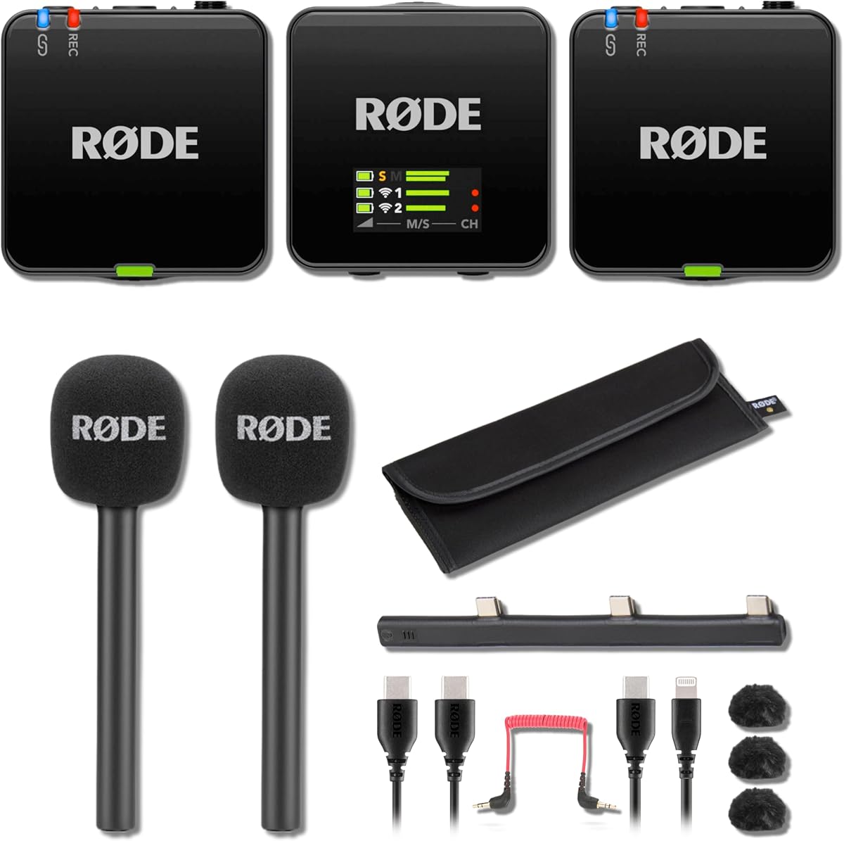 Paquete de micrófonos inalámbricos Rode Wireless GO (Gen 3) con 2 adaptadores de mano Interview GO — Micrófono inalámbrico flotante de 32 bits para entrevistas, informes, cobertura de eventos, podcast para dos anfitriones