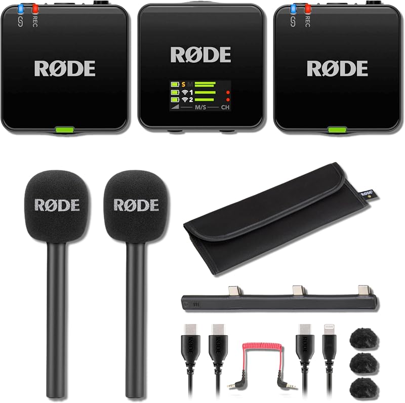 Paquete de micrófonos inalámbricos Rode Wireless GO (Gen 3) con 2 adaptadores de mano Interview GO — Micrófono inalámbrico flotante de 32 bits para entrevistas, informes, cobertura de eventos, podcast para dos anfitriones