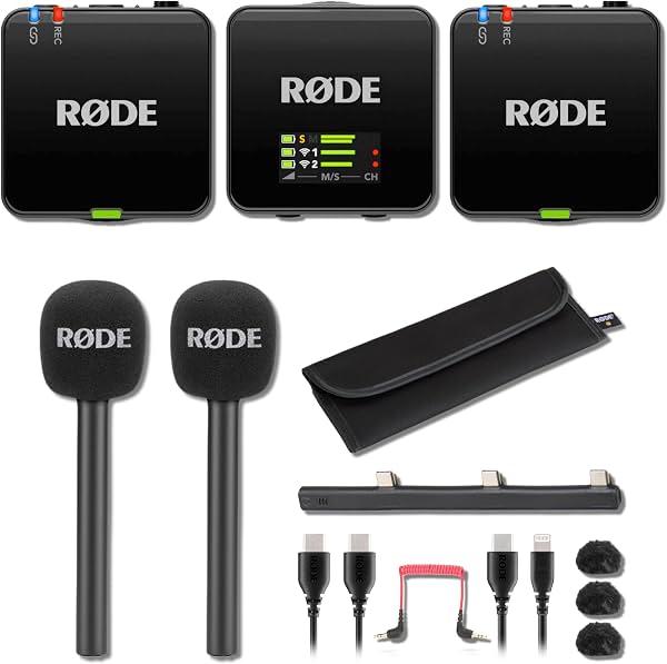 Rode Wireless GO (Gen 3) Micrófono inalámbrico con 2 adaptadores de mano Interview GO — Micrófono inalámbrico de 32 bits flotante para entrevistas, reportajes, cobertura de eventos, podcasting con dos anfitriones USB