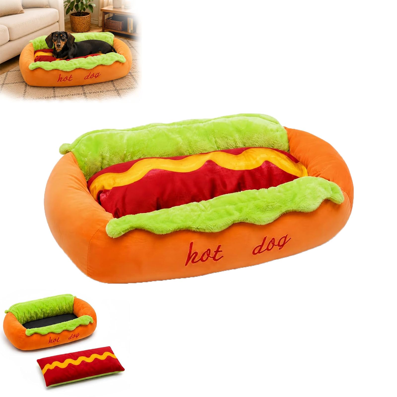 Hot Dog Bed For Dachshund, Removable Washable Soft HotDog Dog Bed (L)