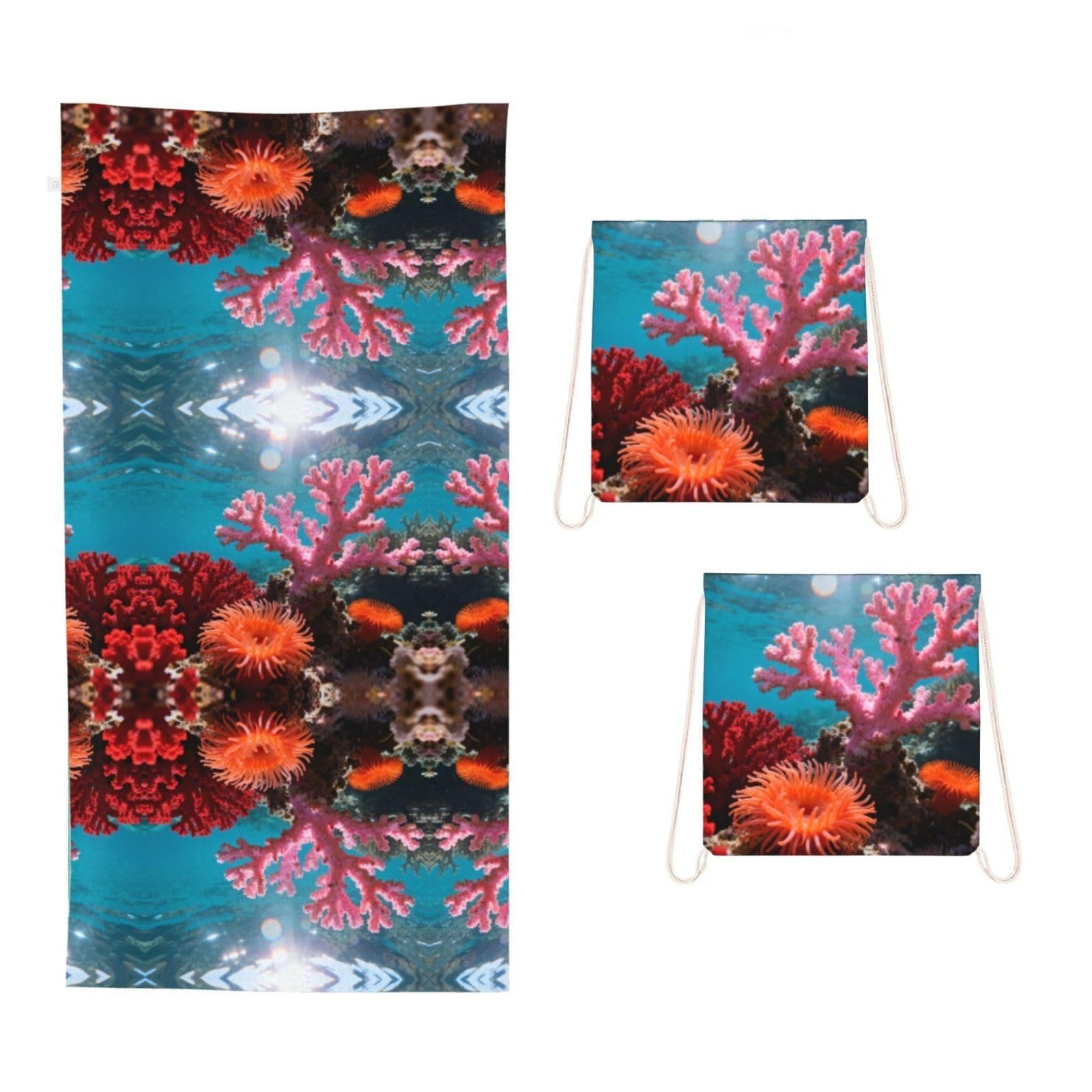 CNTDBU Coral Reef Pink 2 in 1 Packable Towel Bag-Large Beach Towel with Stuff Sack, Super Absorbent Microfiber Travel Towel for Pool