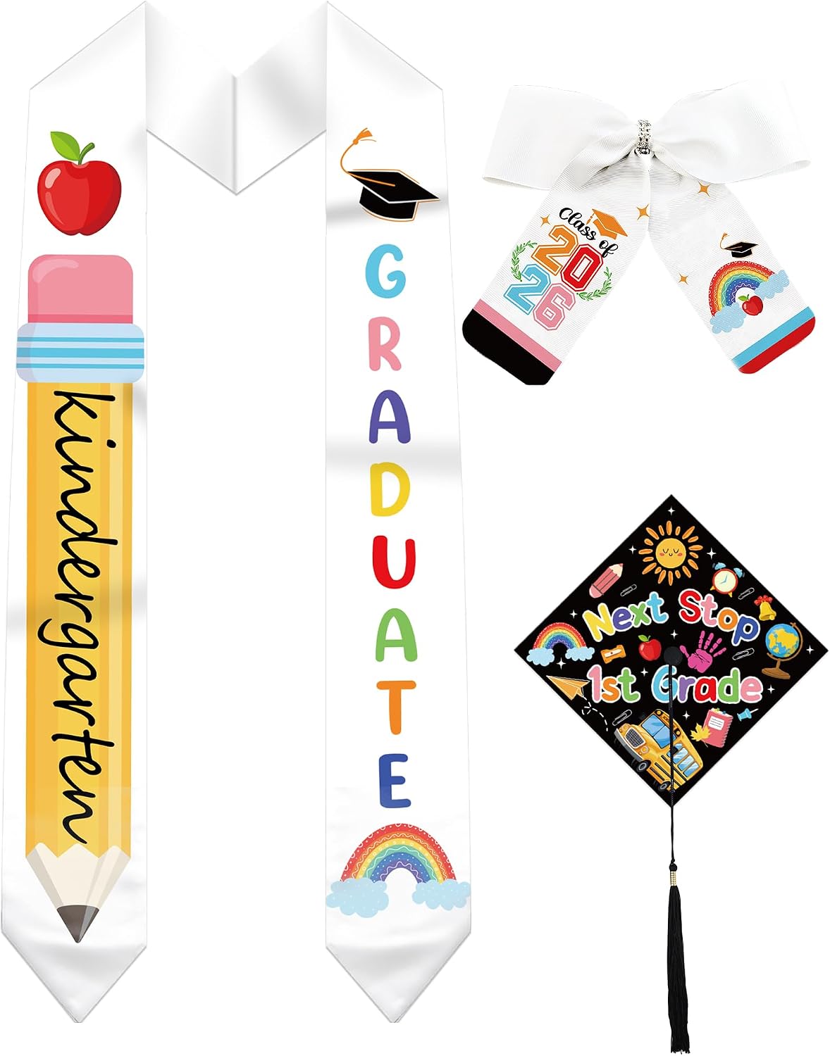 Kindergarten Preschool Graduation Cap and Stole - Grad Caps and White Bow Decor, Colorful Printed Sash for Kid