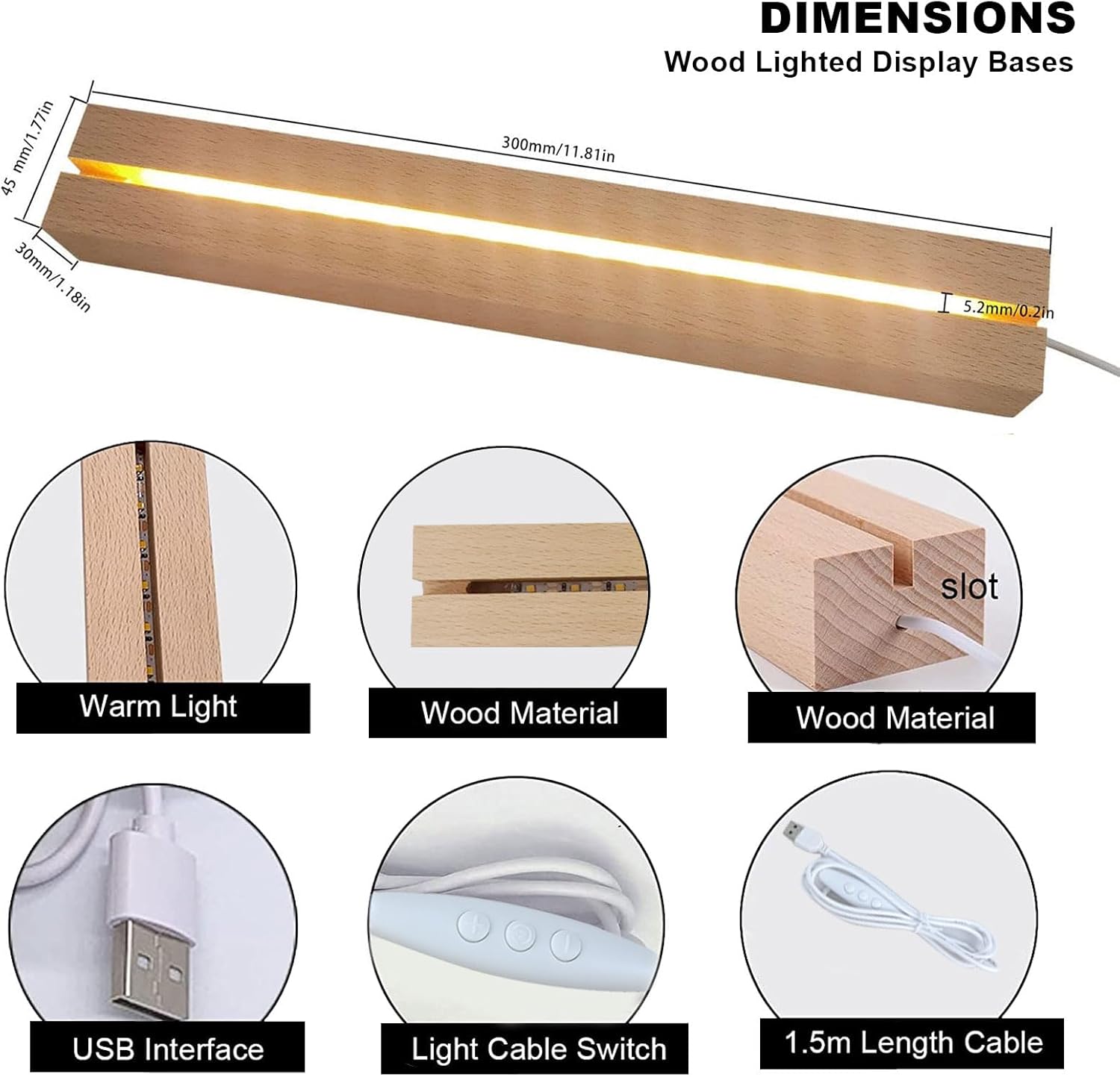 2 Pcs 11.81 Inch Wooden LED Light Display Pedestal, Wooden Rectangle LED Lights Display Base for Acrylic and Plexiglass,Night LED Light Lamp Base with USB Switch (7 Color)