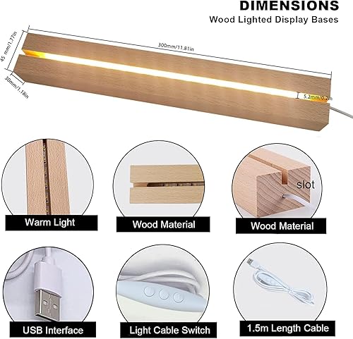 Miniatura 2 de 2 pedestales de pantalla LED de madera de 11.81 pulgadas, base de exhibición de luces LED rectangulares de madera para acrílico y plexiglás, base de