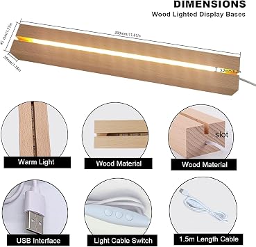 2 Pcs 11.81 Inch Wooden LED Light Display Pedestal, Wooden Rectangle LED Lights Display Base for Acrylic and Plexiglass,Night LED Light Lamp Base with USB Switch (7 Color)