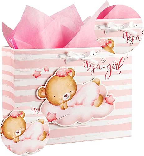 Miniatura 6 de Loveinside Bolsa de regalo de oso para bebé niña con papel de seda y tarjeta de felicitación para baby shower, nuevos padres y más, 16 x 6 x 12
