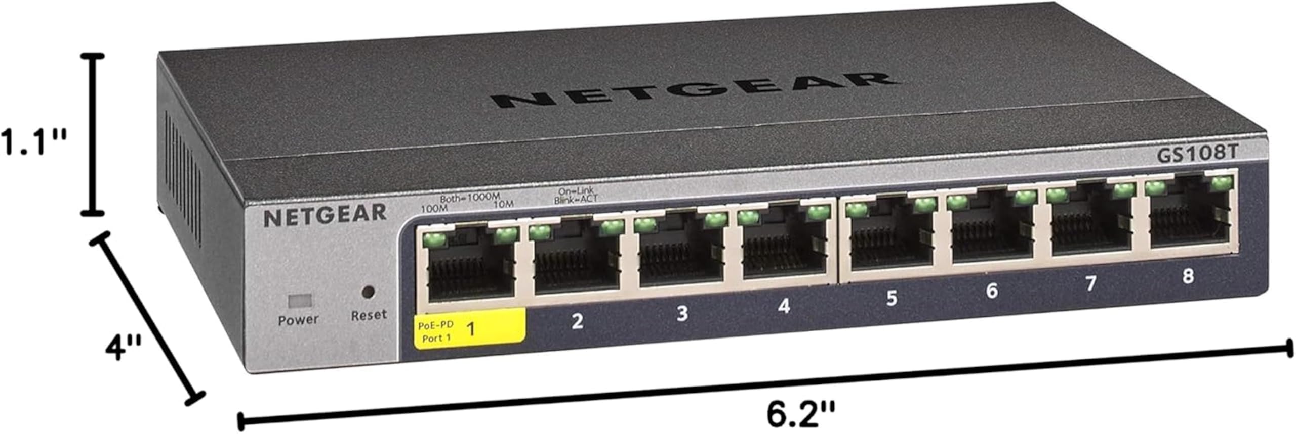 NETGEAR Commutateur Intelligent Gigabit Ethernet 8 Ports (GS108T) – Géré, avec 1 Port PD, Gestion du Cloud Insight en Option, Support de Bureau ou Mural, Fonctionnement Silencieux et Protection à Vie